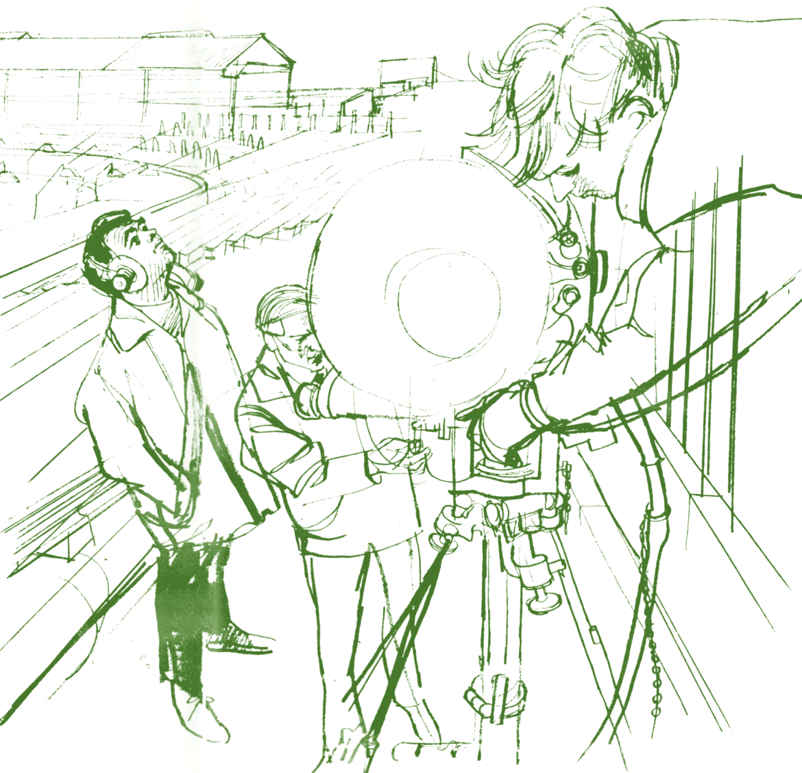 A line drawing of three men positioning an microwave dish