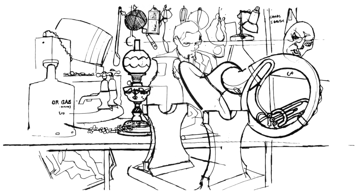 A line drawing of some props