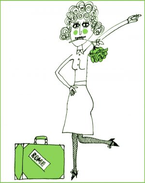 A line drawing of a woman with a briefcase marked "Rome" and a rose in her teeth