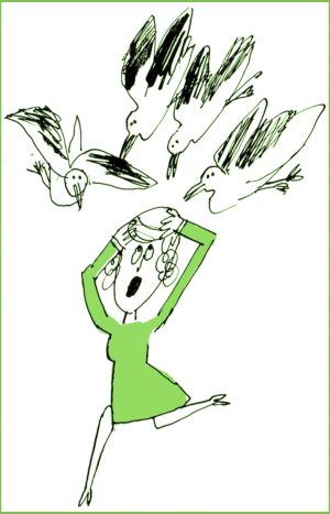 A line drawing of a woman being attacked by seagulls