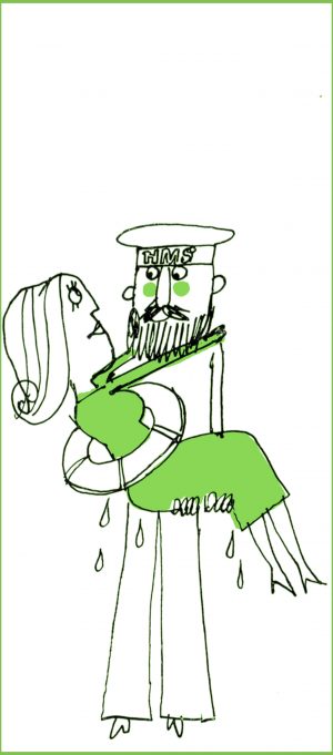 A line drawing of a sailor carrying a woman